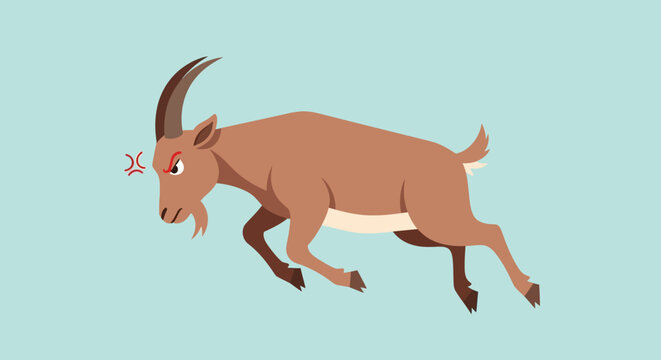 Angry Ibex Goat Jumping with Furious Expression and Curved Horns
