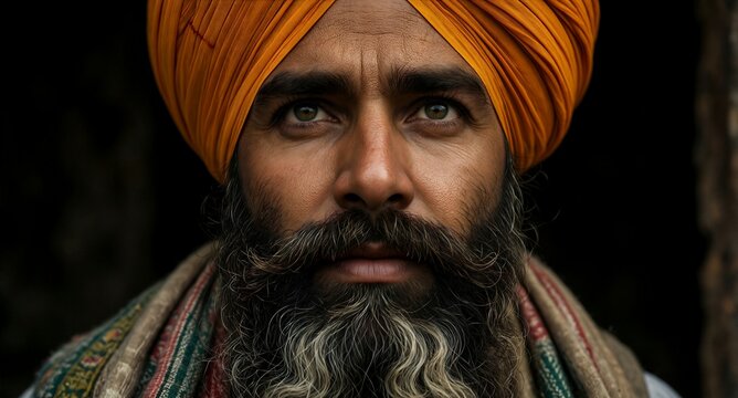 Close up portrait of a bearded Sikh man wearing a vibrant orange turban