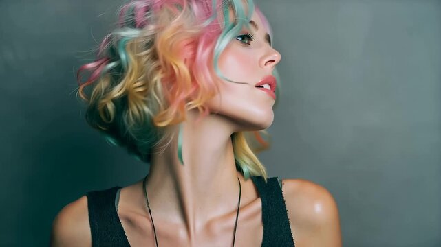 Woman with colorful hair poses in front of a plain background during a studio photoshoot in a creative space at midday