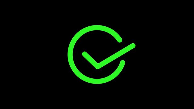 Green check mark on black background, checkmark animation symbol, yes approve choice, approved tick mark, verified symbol, yes icon, check mark flat style