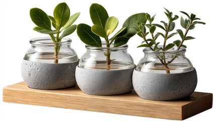 Fototapeta premium Three minimalist glass vases hold green cuttings rooting in clear water, each set in a rounded concrete base on a wooden board modern indoor propagation and decor
