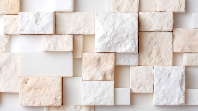 A close-up image of a textured wall featuring white and beige rectangular and square stone tiles arranged in a staggered pattern.