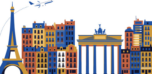 European City Skyline Vector Illustration Featuring Eiffel Tower Paris and Brandenburg Gate Berlin with Airplane and Architecture © MDRIFAT