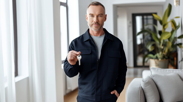 Confident mature male specialist in navy uniform holding key standing in bright modern renovated apartment interior. Professional home renovation service, completed repair, property handover concept.