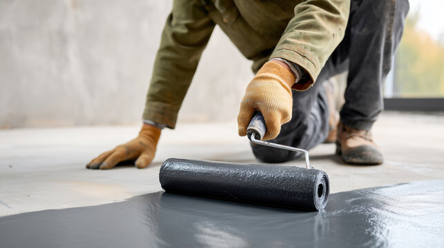 Male worker in gloves applying dark waterproof coating with roller on concrete floor during renovation. Professional waterproofing installation, moisture protection, home improvement service concept.