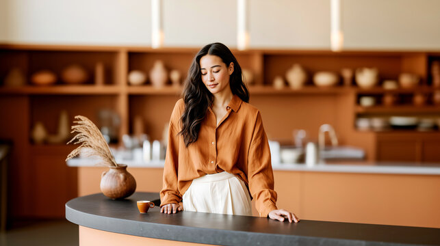 Relaxed young woman leaning on sleek counter in warm terracotta cafe interior surrounded by ceramic pottery and espresso cup. Modern luxury lifestyle, cozy coffeehouse and mindful morning concept.