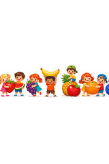 Fototapeta premium A group of children in colorful clothing holding various fruits and smiling.
