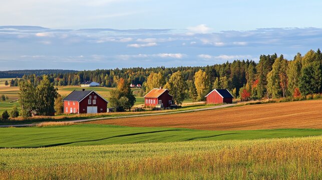 Red farm buildings in rural landscape of Falun during the day with fields and trees in the background