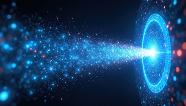 Abstract blue light stream enters glowing portal. Dazzling particle motion creates energy wave effect against dark background. Futuristic digital data transfer concept illustration.