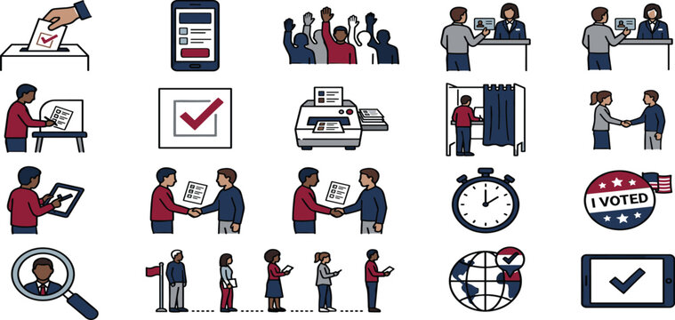 Voting Process and Voter Registration Icon Set Featuring Ballot Casting Polling Station Staff and Online Verification