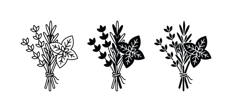 Herbal Bunches Vector Icons, Culinary Herbs Collection, Fresh Basil and Rosemary Sprigs