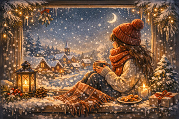 Fototapeta premium A cozy scene of a person enjoying the snowy winter night indoors while sipping on hot cocoa by the window.