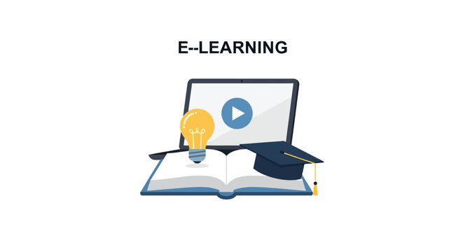 e learning concept with laptop open book and graduation cap