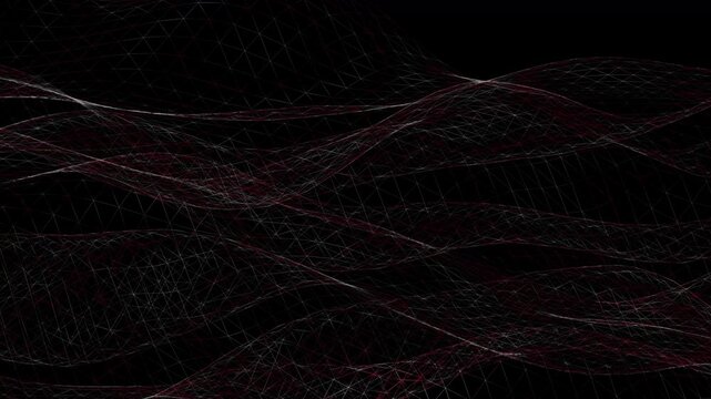 Wavy digital wireframe landscape with glowing white and red nodes over a black background depicting a virtual terrain and data visualization