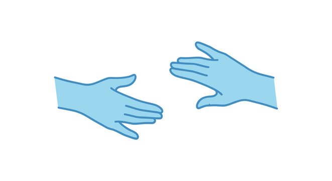 Two hands reaching light blue vector illustration on white background