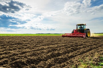Fototapeta premium Farmer uses disc harrow to till soil during daytime in large open field