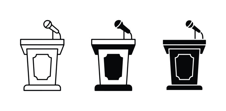 Speech Podium Icons: Outline, Silhouette, and Filled, Public Speaking Microphones