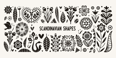 Scandinavian folk art silhouettes and floral shapes on white background © Suresh