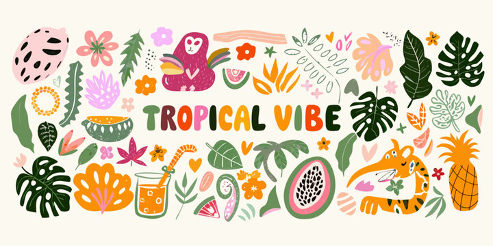 Tropical illustration with leaves flowers and animals on a cream background