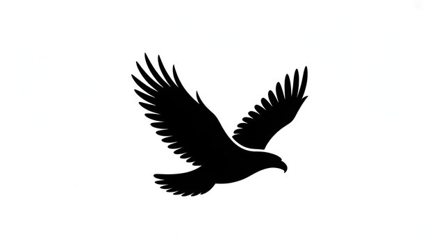 Black silhouette vector illustration of a majestic eagle with spreading wings flying through the sky, a powerful nature symbol of wildlife freedom and artistic bird design