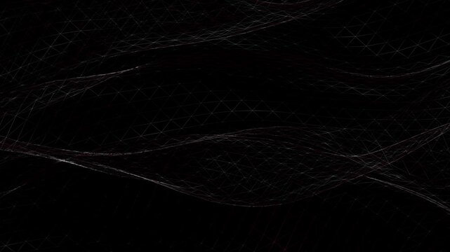 Low angle view of a digital wireframe wave showing glowing white peaks and red shadows symbolizing market trends and fluctuating data streams