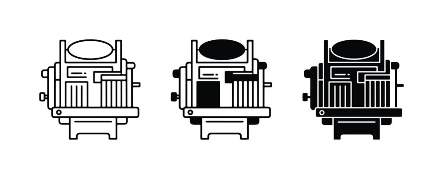 Vintage Printing Press Icons, Retro Offset Machine Graphics, Industrial Equipment Vector Set