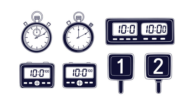 Vector set of time measurement icons with analog stopwatches digital timers and sports paddles