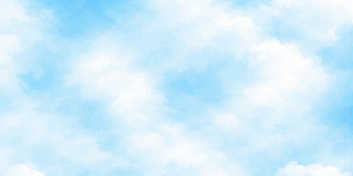 A beautiful bright blue summer sky background filled with fluffy white cumulus clouds and natural light in a clear sunny atmosphere
