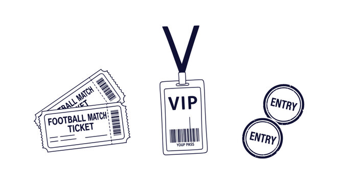 Sports event admission set with football match tickets, VIP lanyard badge and circular entry stamps.