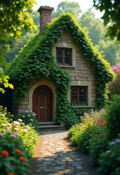 Charming Ivy-Covered Stone Cottage Inviting Countryside Cottage Scene Amidst Vibrant Green Foliage