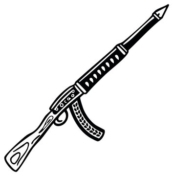 Line art illustration of a rifle weapon with a clip and sight pointing upwards in black and white style