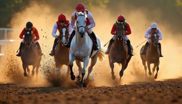 Five jockeys on horseback race on a dirt track. Horses kick up dust as they run. One white horse leads the pack forward. Intense competition unfolds on the course.