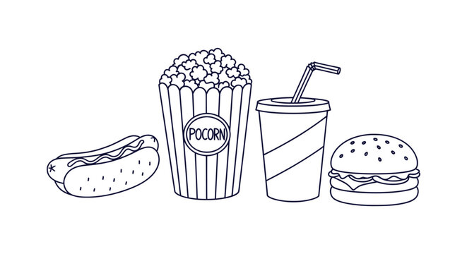 Black and white fast food set with hot dog popcorn soda and burger line art vector illustration