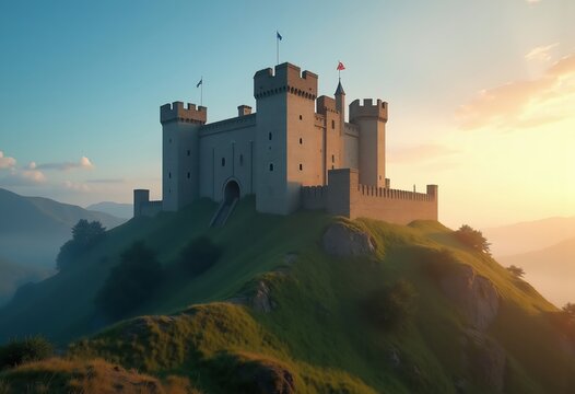 Dramatic Norman Castle Keep with Crenellations on Hilltop Surrounded by Rolling Countryside