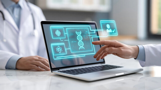 Doctor and colleague review holographic genetic data laptop screen clinical office, collaborative precision medicine and diagnostics displayed