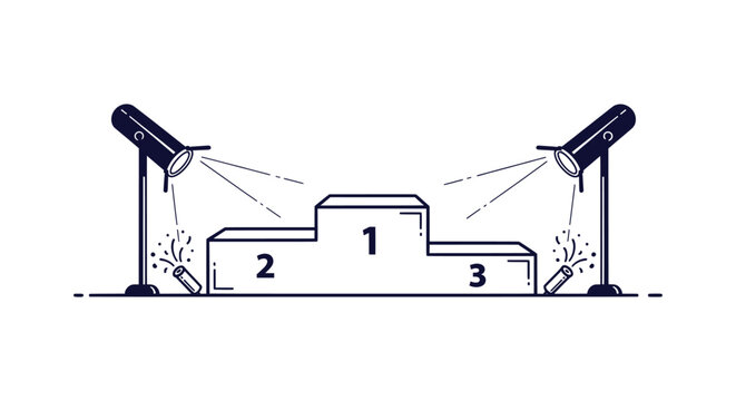 Winners podium with ranks one two and three under spotlights in minimalist line art style vector.