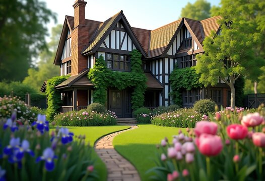 Enchanting Tudor Timber Framing Residence Surrounded by Lush Greenery in a Quaint Backyard Enclave