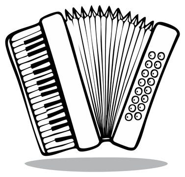 Line art illustration of a classic accordion musical instrument with keys and buttons