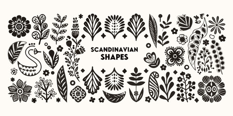 Scandinavian folk art silhouettes and floral shapes on white background © MSTShikha
