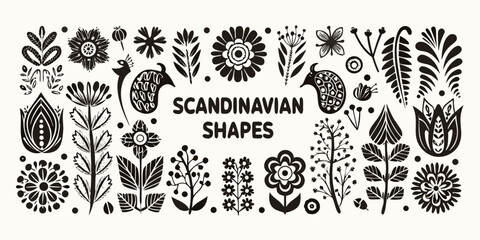 Scandinavian folk art silhouettes and floral shapes on white background © MSTShikha