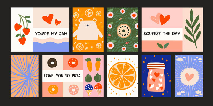 Retro style food pun greeting cards collection colorful illustrations
