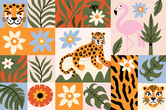Tropical patchwork illustration with tiger leopard and flamingo motifs