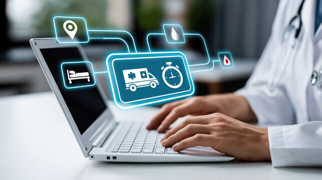 Doctor hands typing on laptop with emergency medical icons and telemedicine interface conveying urgent patient transport and care coordination