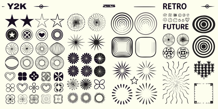 retro futuristic vector patterns and shapes collection on beige background