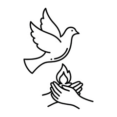 Fototapeta premium Peace dove flying above hands holding a flame vector line icon for spiritual and humanitarian design concepts