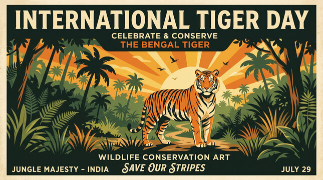 Vintage travel poster Bengal tiger jungle sunset retro vector illustration