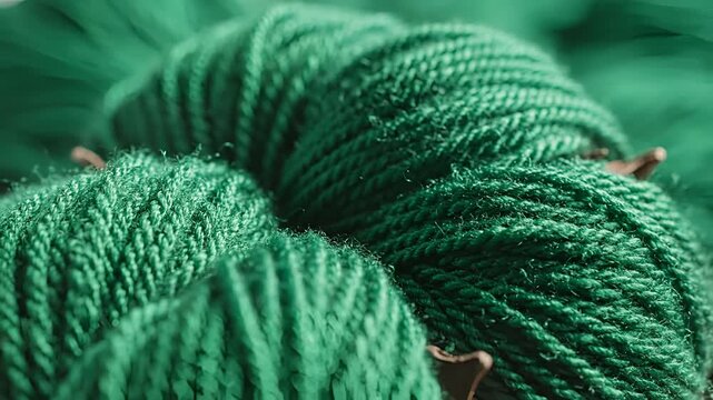 Closeup of vibrant green yarn balls for crafting and knitting.