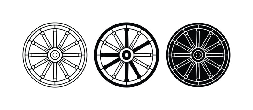Vintage wooden wagon wheel icons, antique carriage wheel vector set, rustic western cart wheels