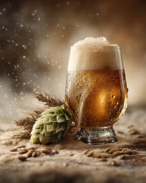 Closeup of hop cone with overflowing stein background