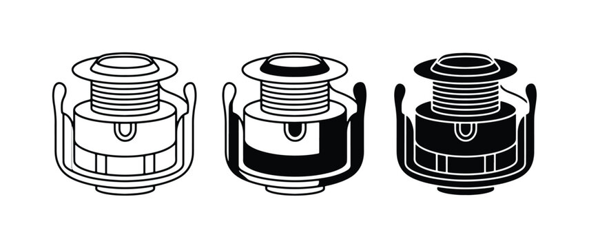 Fishing Reel Spool Icons: Line Art, Silhouette, and Solid Fill Vector Graphics